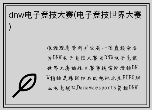 dnw电子竞技大赛(电子竞技世界大赛)
