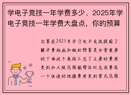 学电子竞技一年学费多少、2025年学电子竞技一年学费大盘点，你的预算够吗？